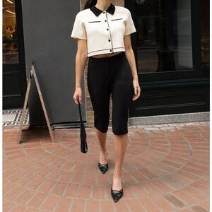 OAK + FORT Black and Cream cropped Button-Up Top